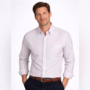 Abercrombie & Fitch Muscle Fit Striped Shirt Pink & Green L Cotton Long Sleeve